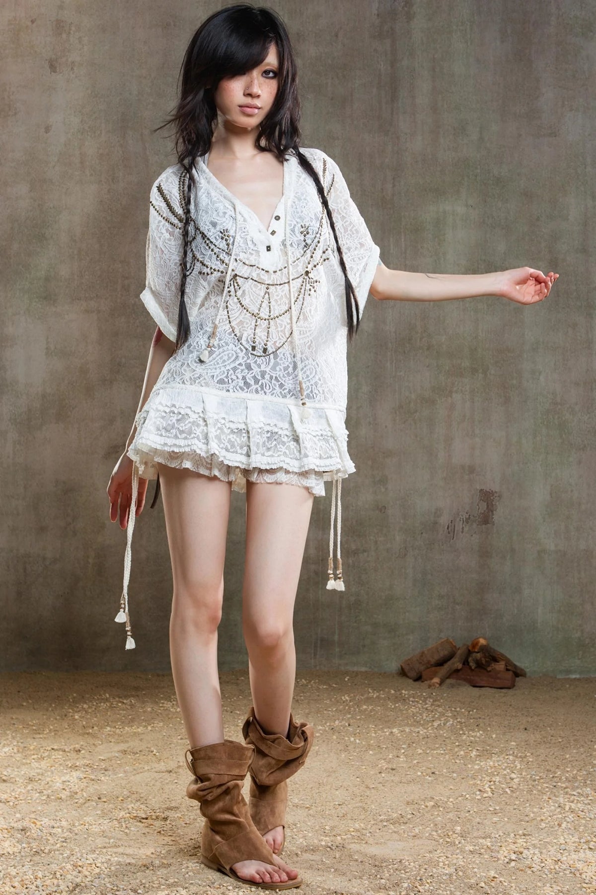 Earthy Orange Belt With Retro Lace Shirt Set-Up