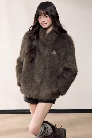 Eco-Friendly Fur Stand-Up Collar Coat