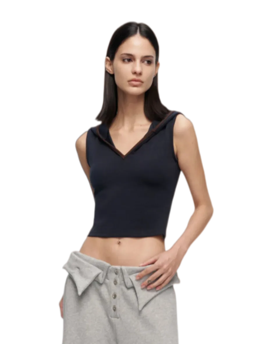 V-Cutout Hooded Sleeveless Trim Top In Dark Blue