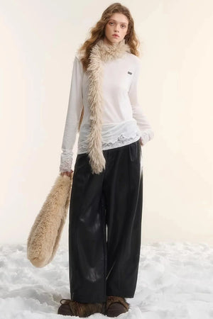Elastic Waist Black Leather Pants