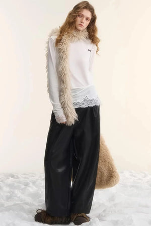 Elastic Waist Black Leather Pants