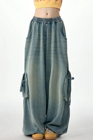 Elastic Waist Wide-Leg Denim Pants