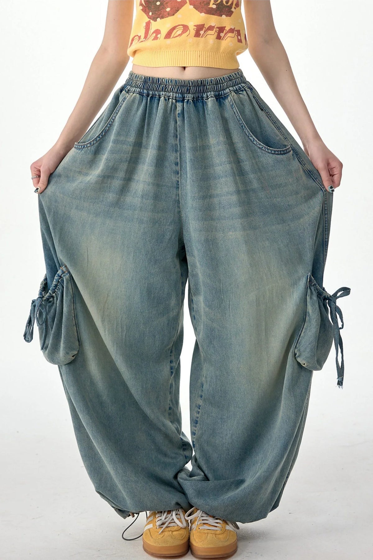 Elastic Waist Wide-Leg Denim Pants