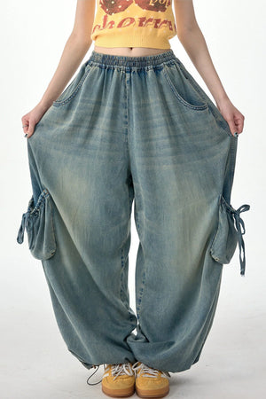 Elastic Waist Wide-Leg Denim Pants