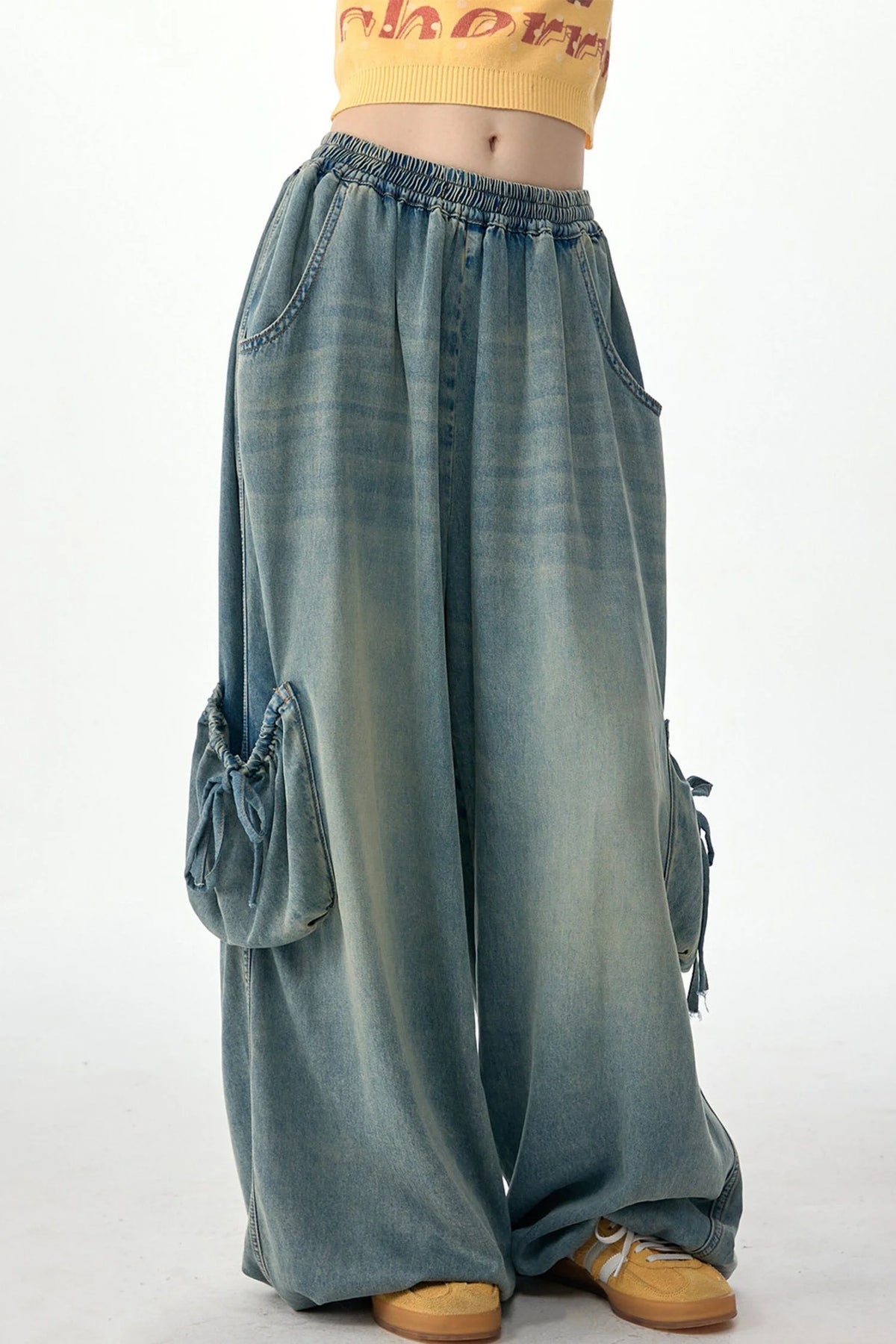 Elastic Waist Wide-Leg Denim Pants