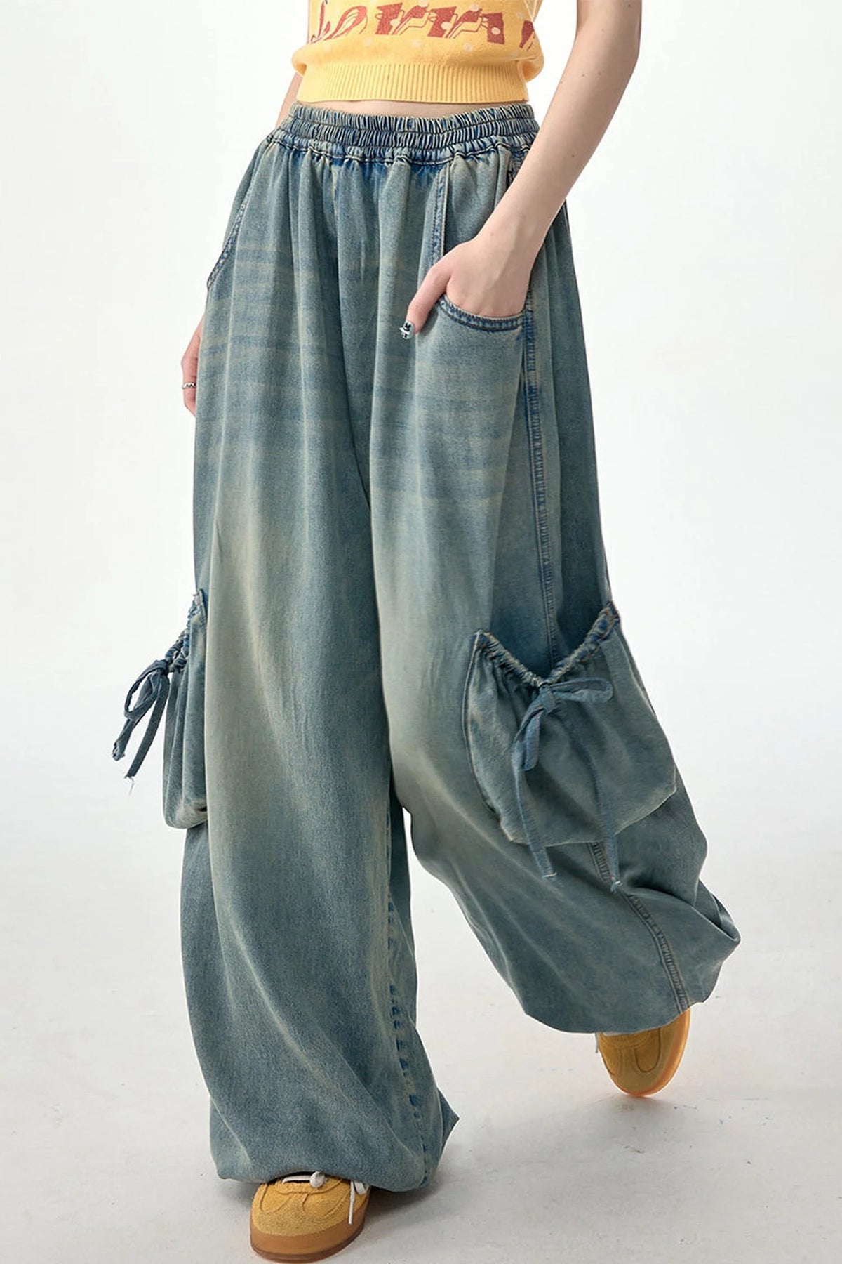 Elastic Waist Wide-Leg Denim Pants
