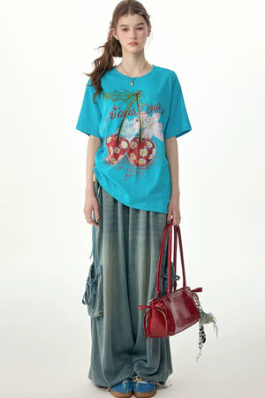 Elastic Waist Wide-Leg Denim Pants
