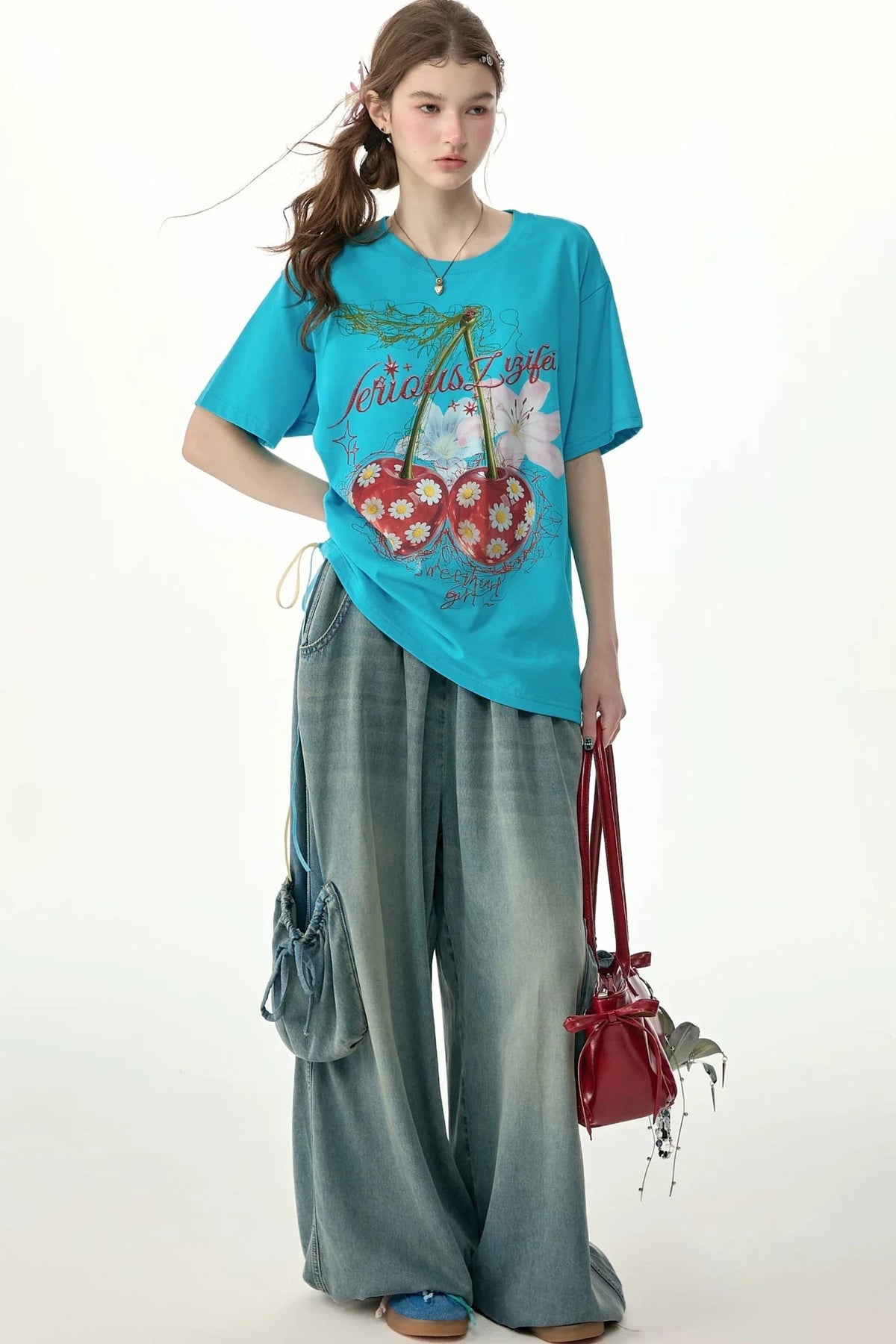Elastic Waist Wide-Leg Denim Pants