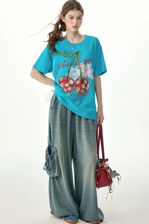 Elastic Waist Wide-Leg Denim Pants