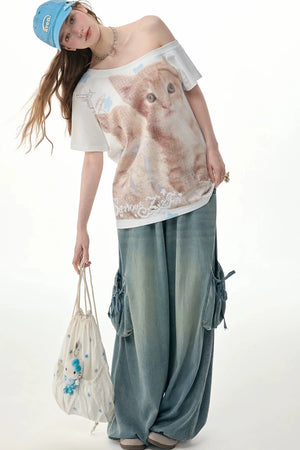 Elastic Waist Wide-Leg Denim Pants