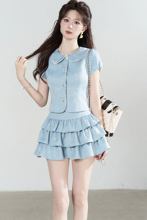 Elegant Blue Tweed Suit Set-Up