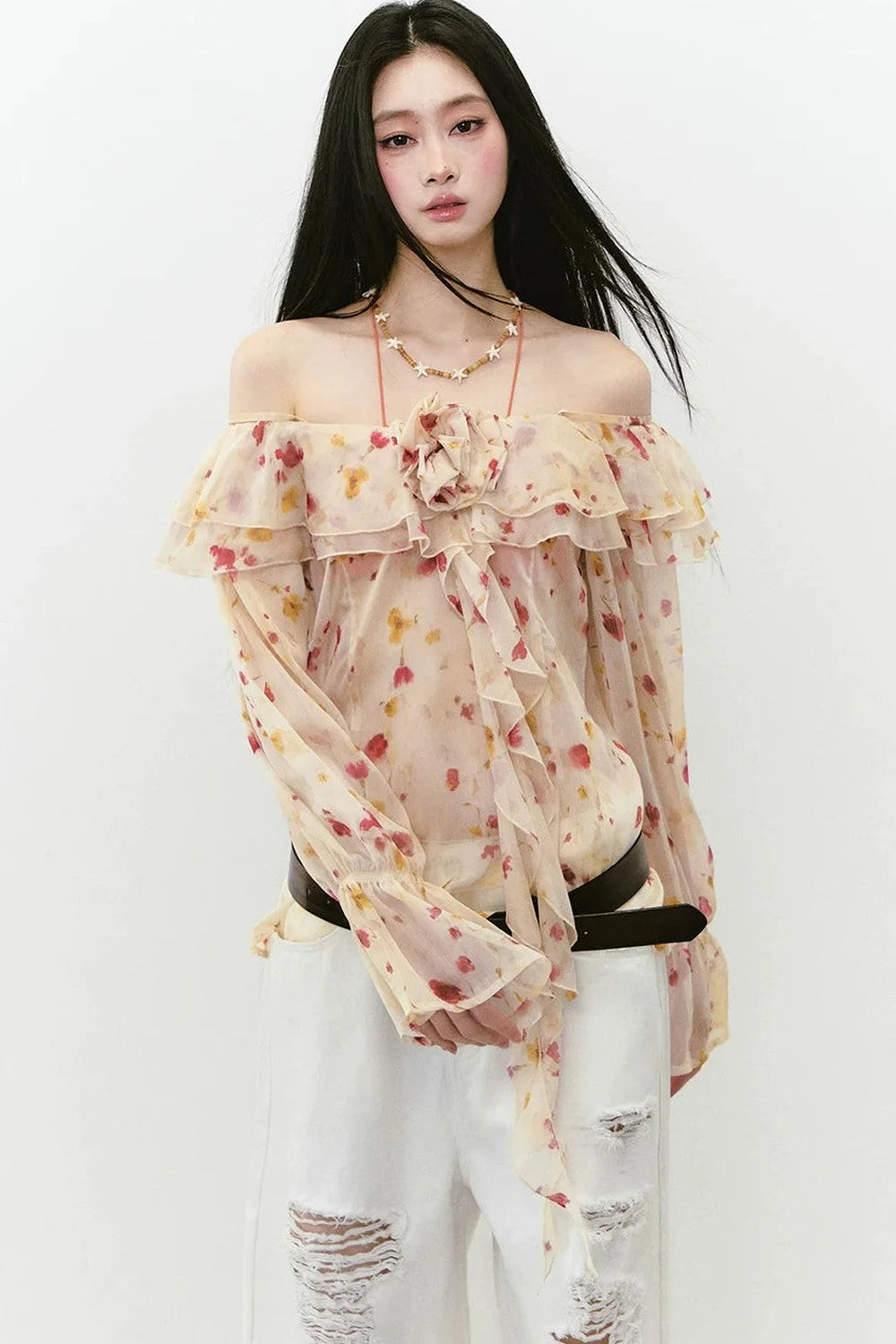 Elegant Floral Off-Shoulder Chiffon Top Set-Up