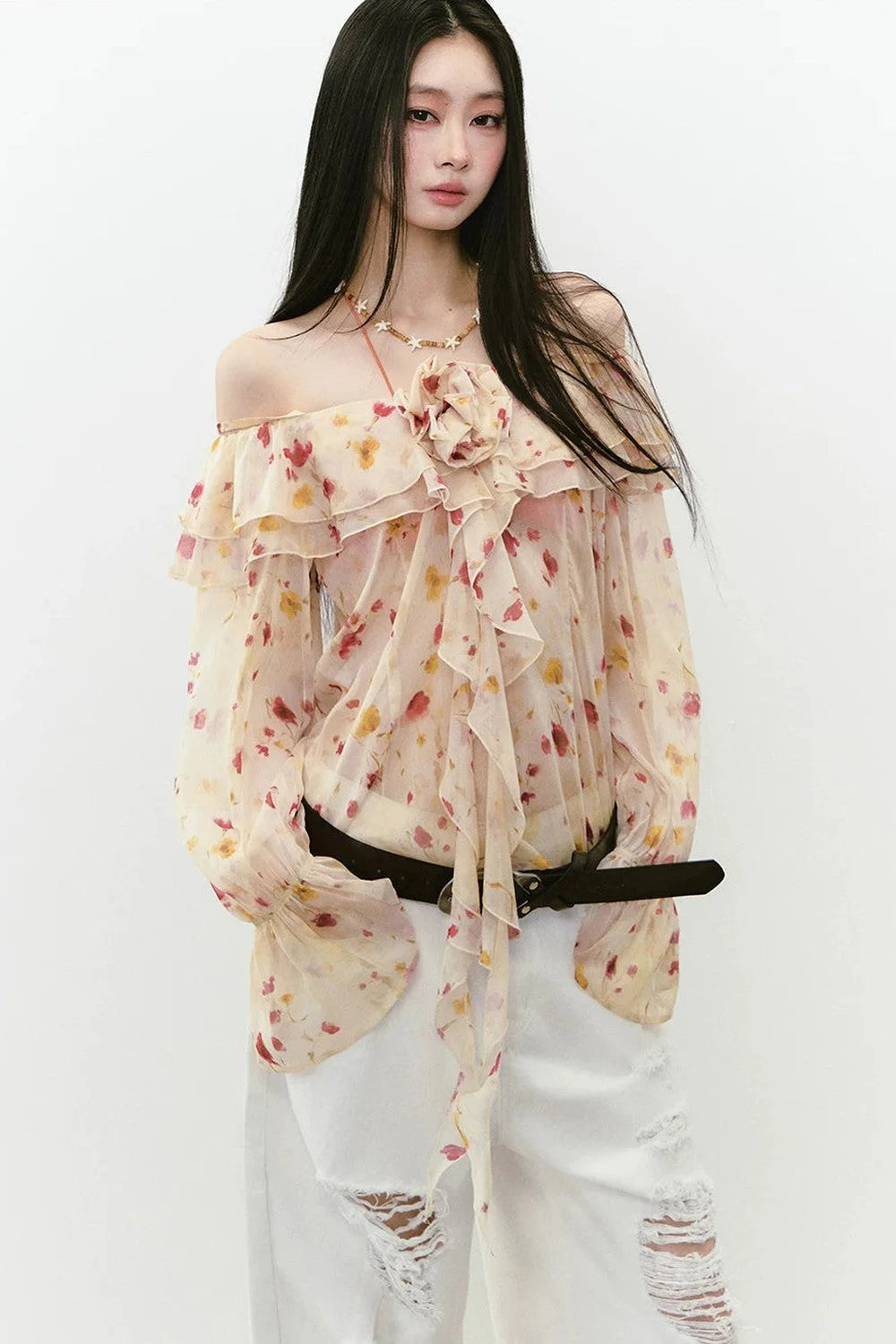 Elegant Floral Off-Shoulder Chiffon Top Set-Up