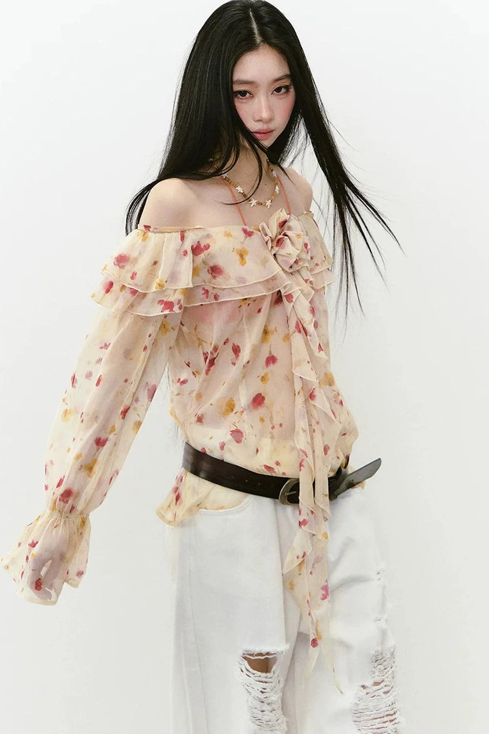 Elegant Floral Off-Shoulder Chiffon Top Set-Up