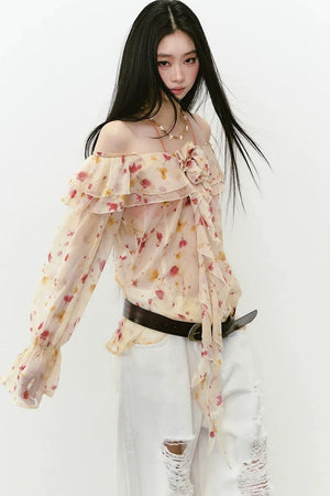 Elegant Floral Off-Shoulder Chiffon Top Set-Up