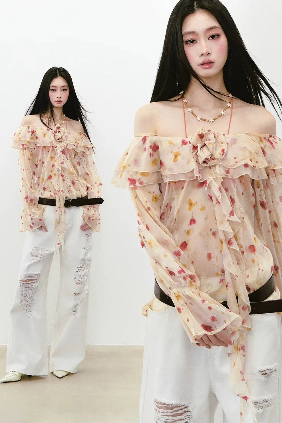 Elegant Floral Off-Shoulder Chiffon Top Set-Up