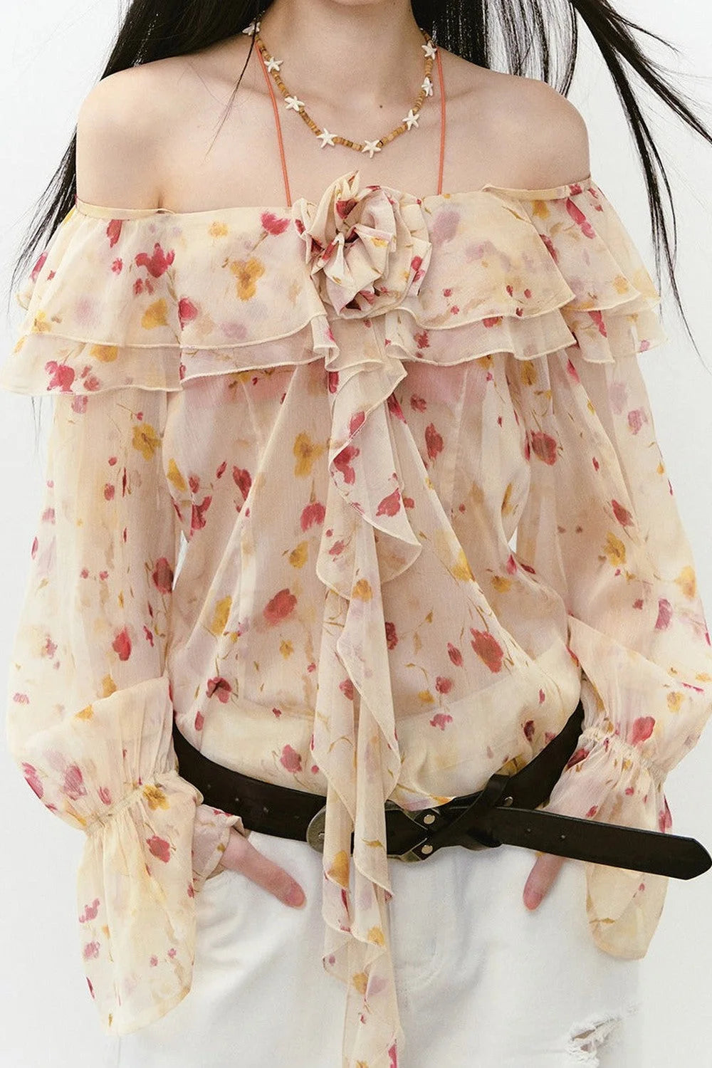 Elegant Floral Off-Shoulder Chiffon Top Set-Up