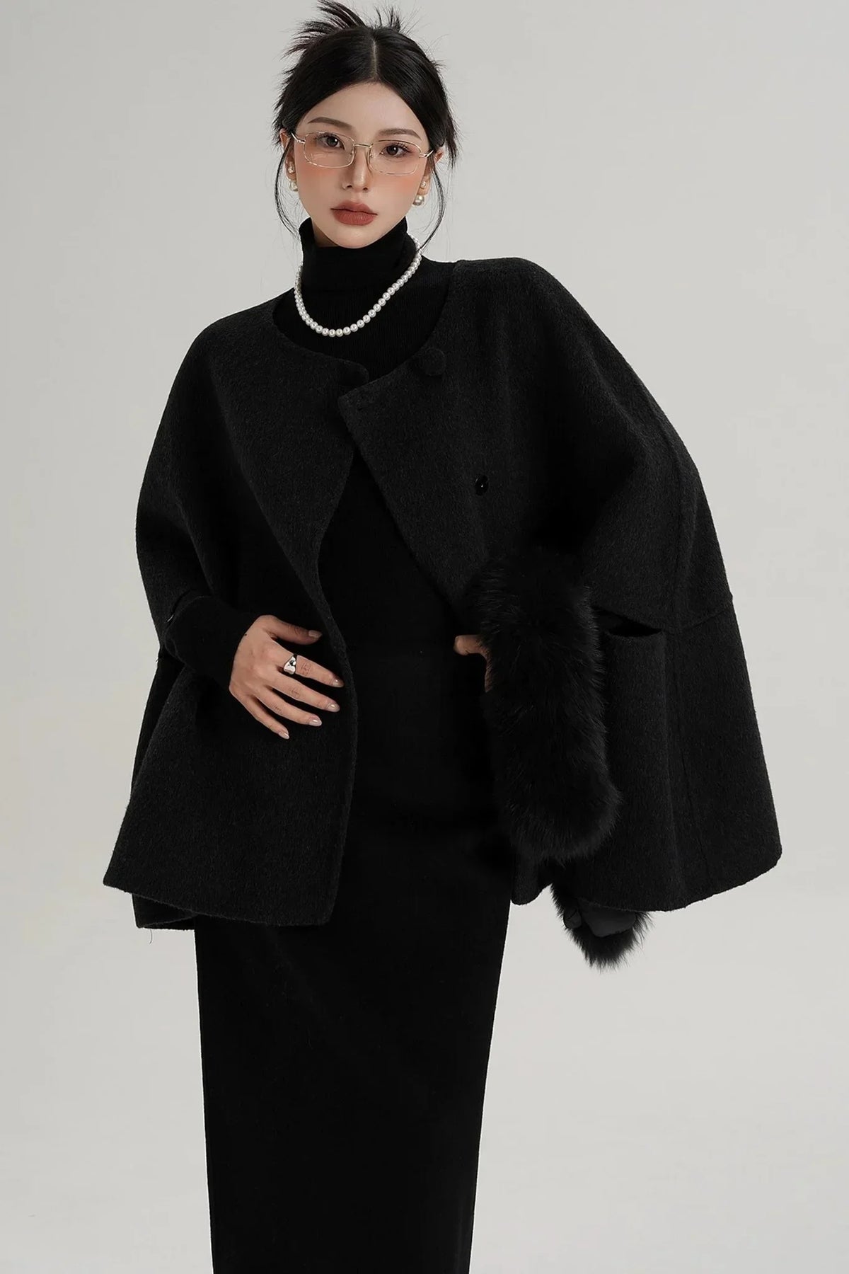 Elegant Fox Fur Wool Cape Coat