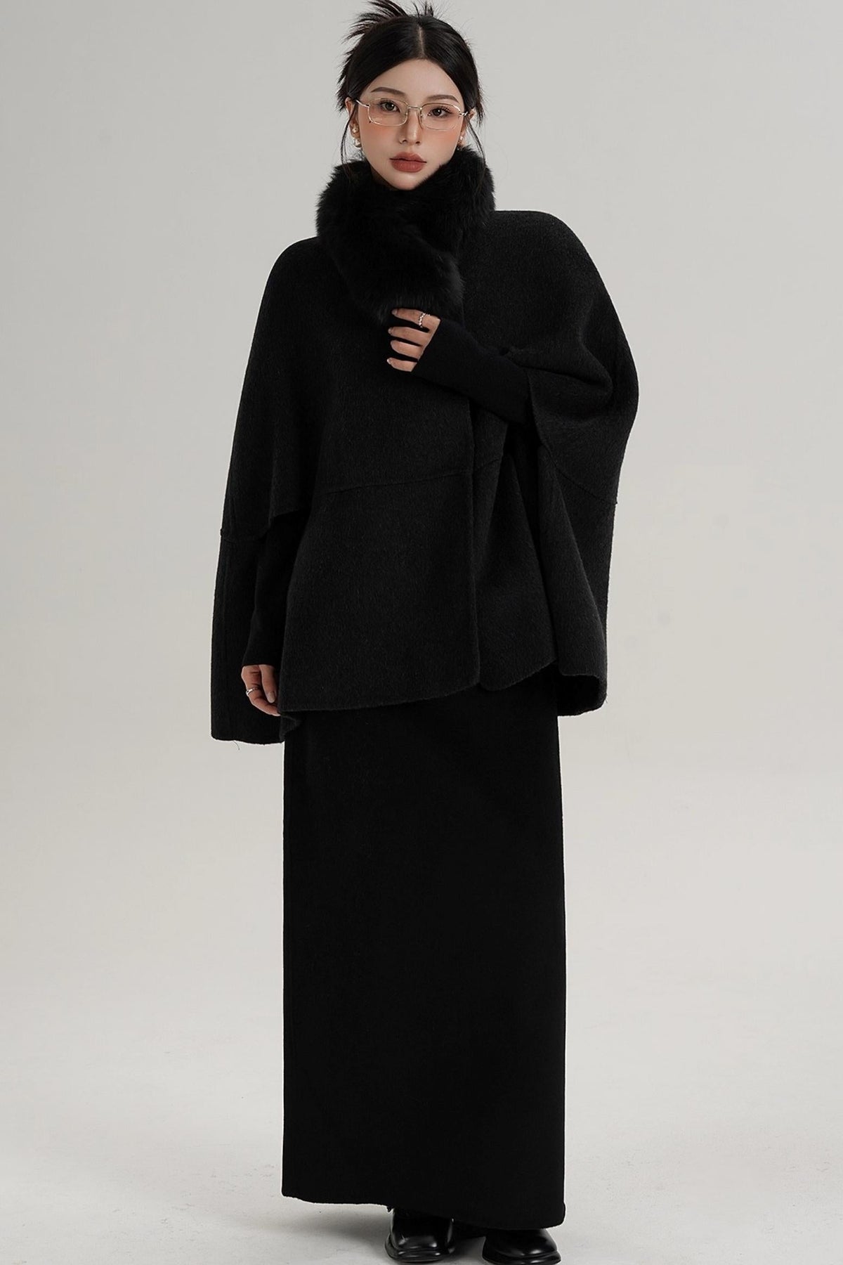 Elegant Fox Fur Wool Cape Coat