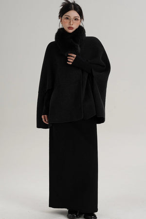 Elegant Fox Fur Wool Cape Coat