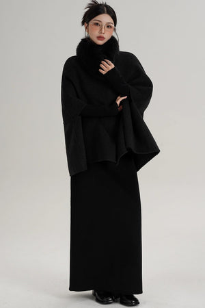 Elegant Fox Fur Wool Cape Coat