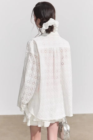 Elegant Hollow-Out Lace Blouse & A-Line Skirt Set-Up
