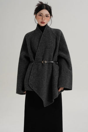 Elegant Lace-Up Woolen Coat