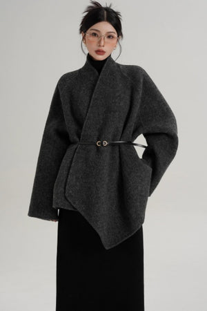 Elegant Lace-Up Woolen Coat
