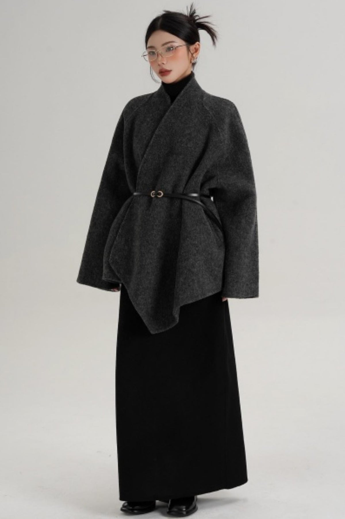 Elegant Lace-Up Woolen Coat