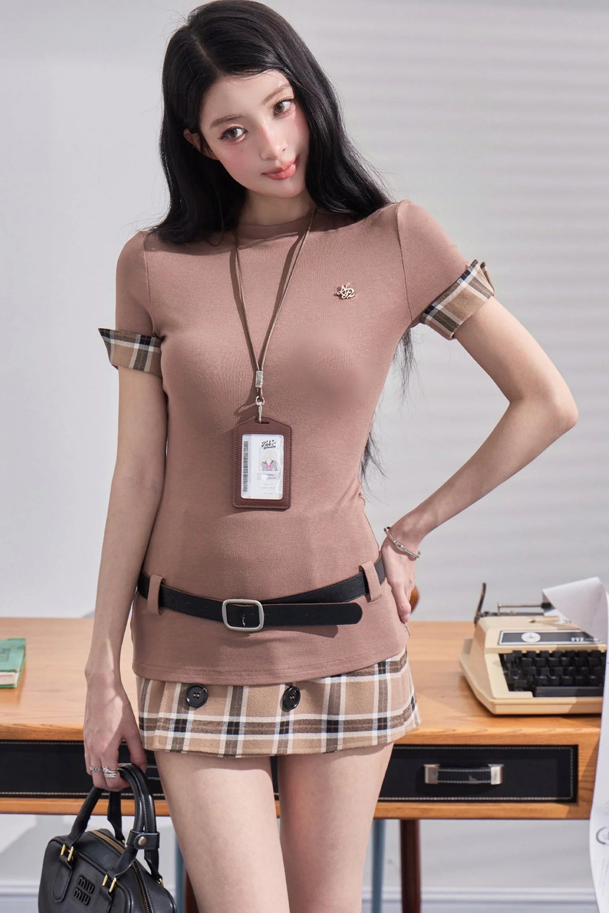 Elegant Plaid Two-Piece Top and Skirt Set-Up