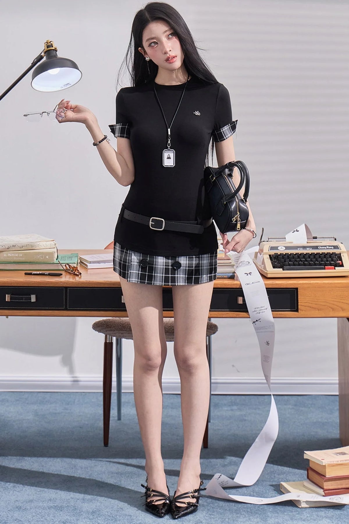 Elegant Plaid Two-Piece Top and Skirt Set-Up