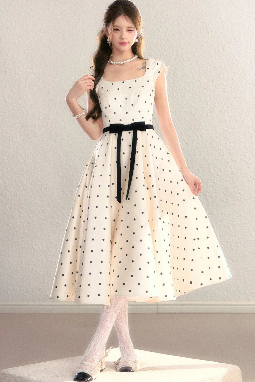 Elegant Polka Dot Waist Dress