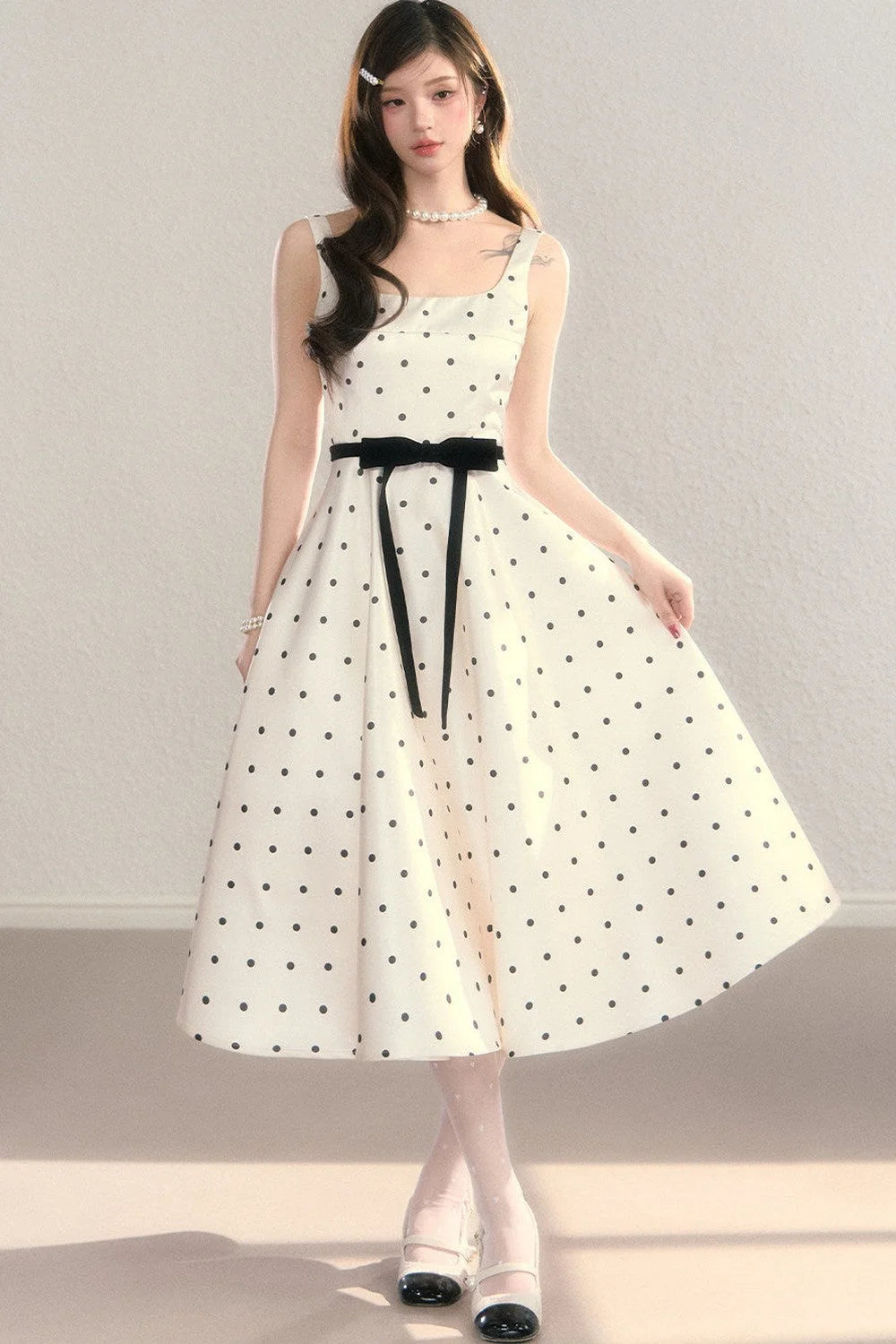 Elegant Polka Dot Waist Dress