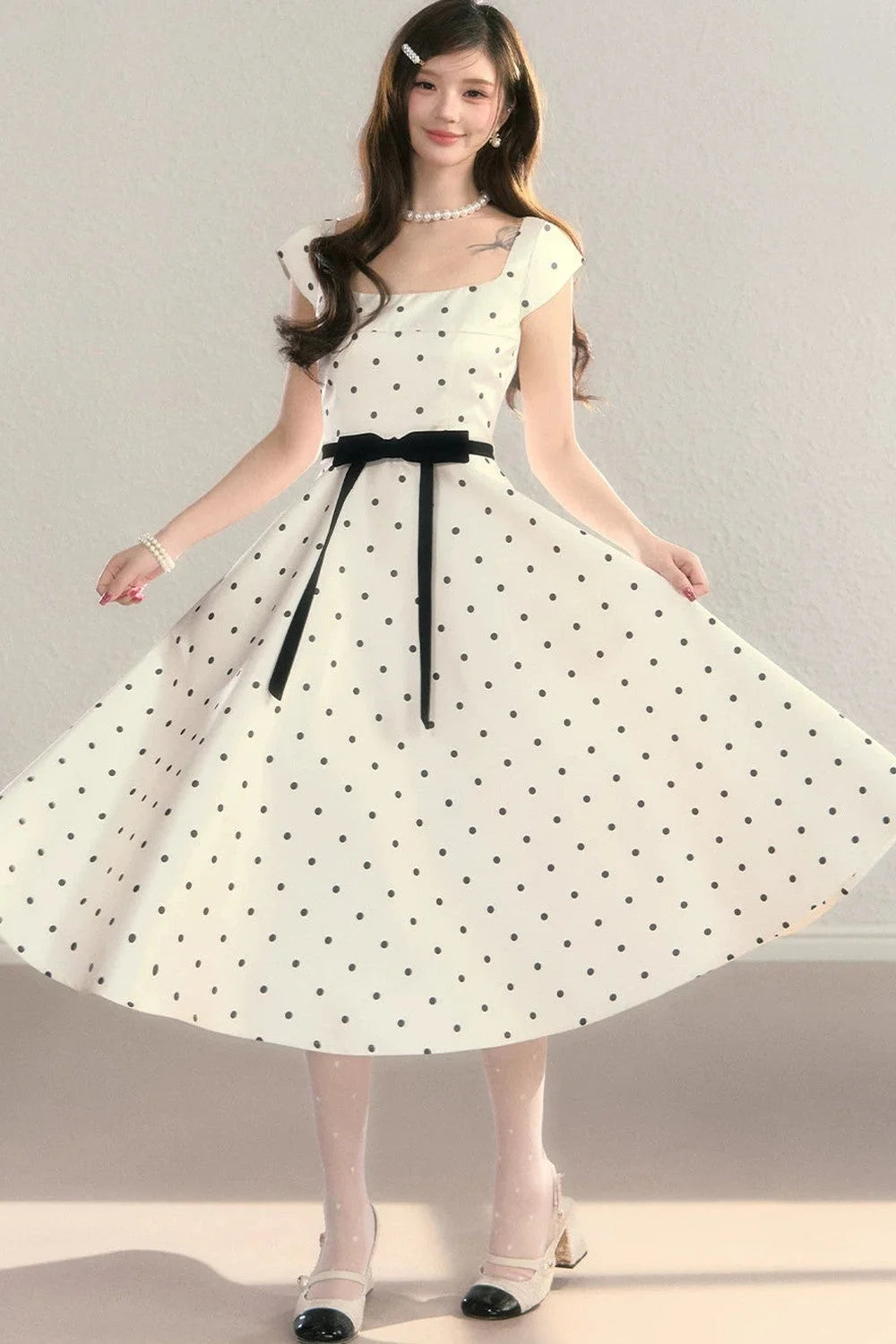 Elegant Polka Dot Waist Dress