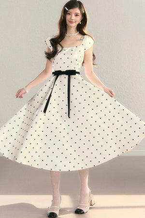 Elegant Polka Dot Waist Dress