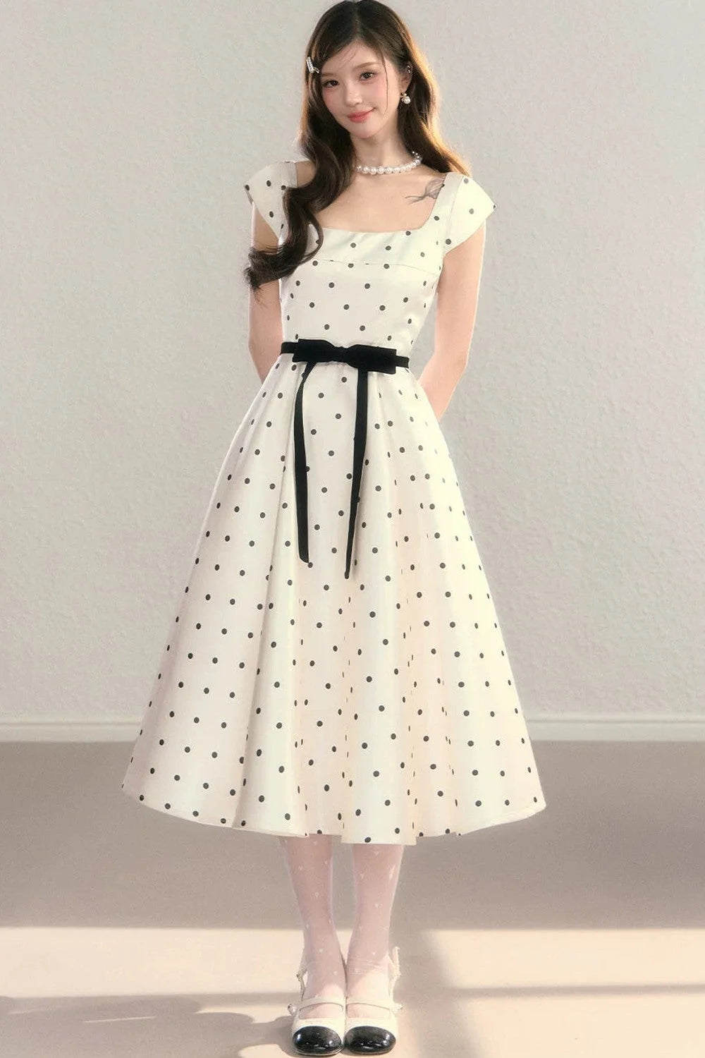 Elegant Polka Dot Waist Dress