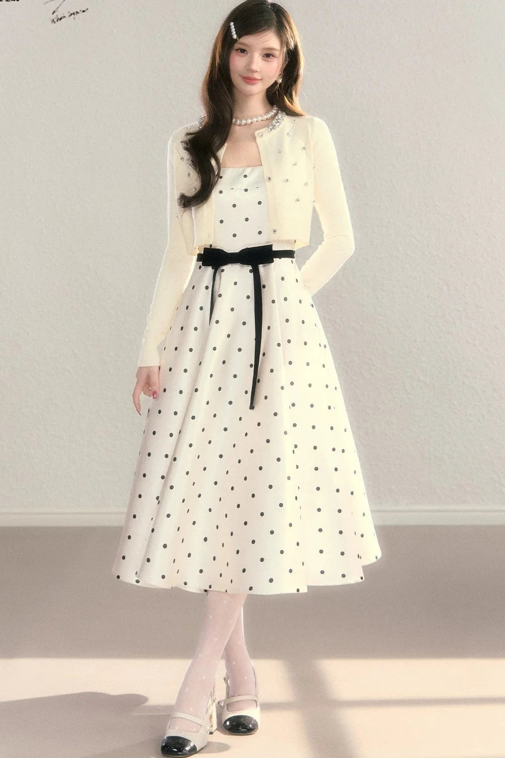 Elegant Polka Dot Waist Dress
