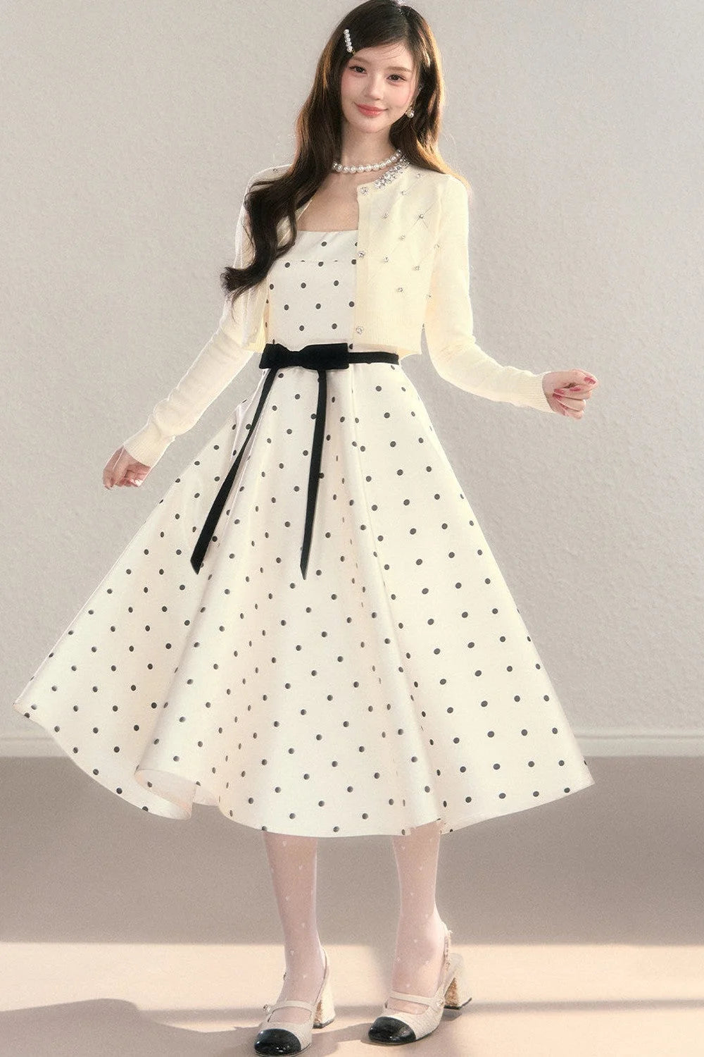 Elegant Polka Dot Waist Dress