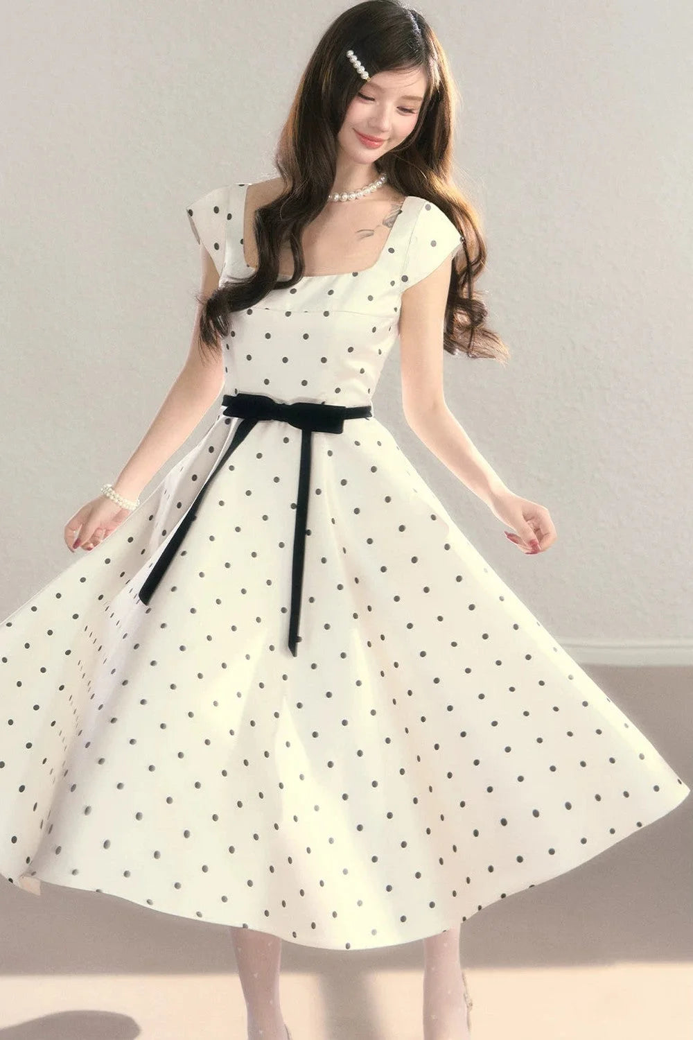 Elegant Polka Dot Waist Dress