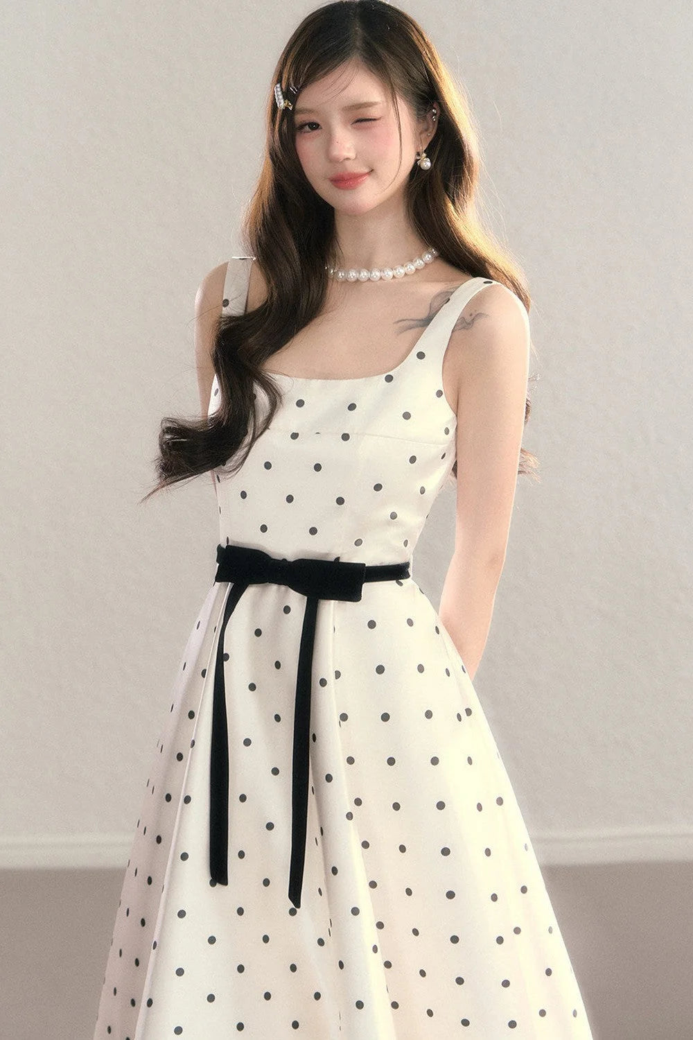 Elegant Polka Dot Waist Dress