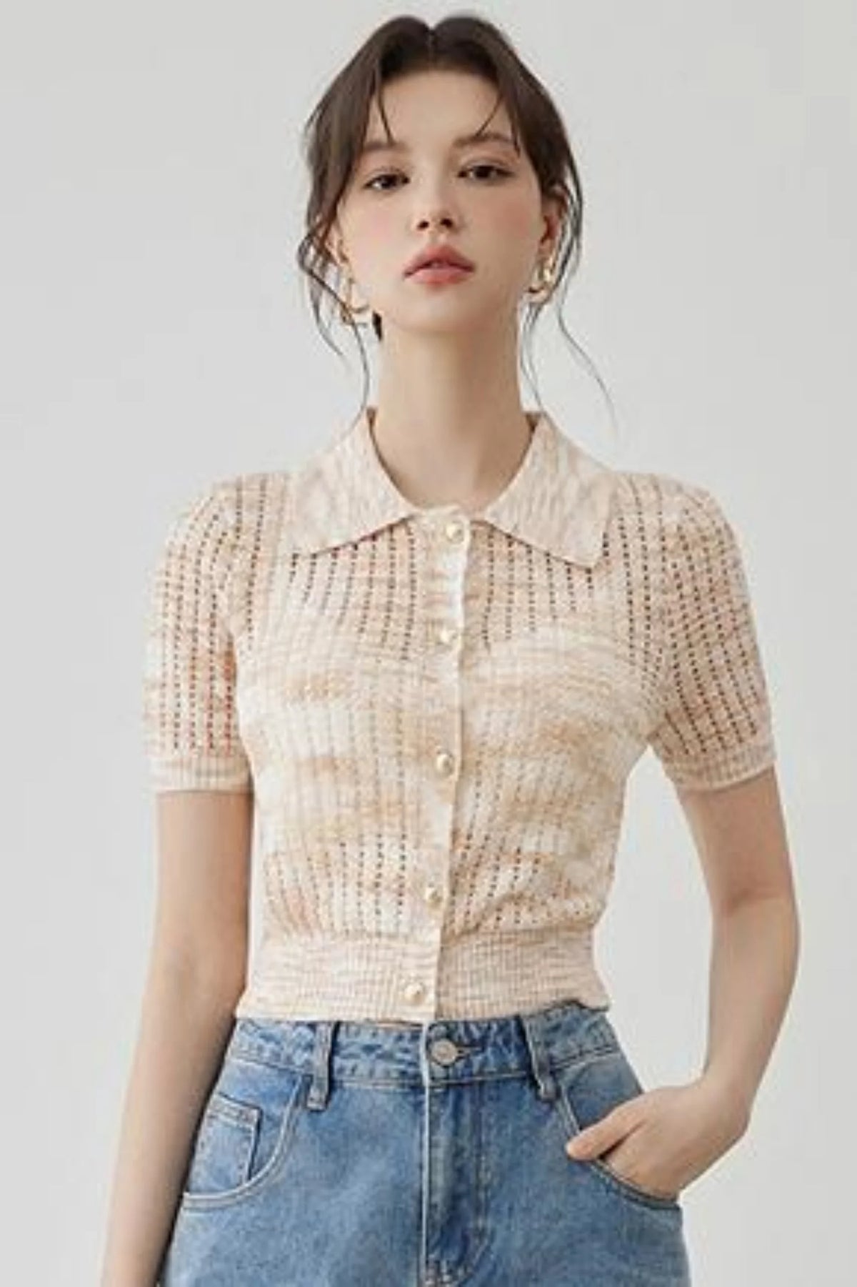 Elegant Polo Collar Short Sleeve Knit