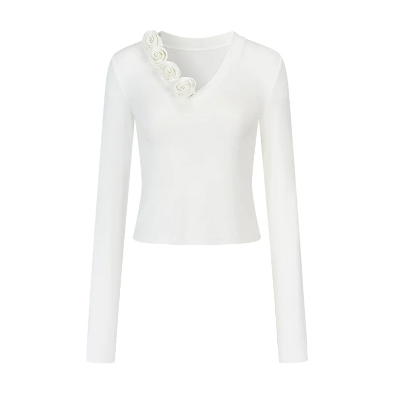 Elegant V Neck Flower T-Shirt