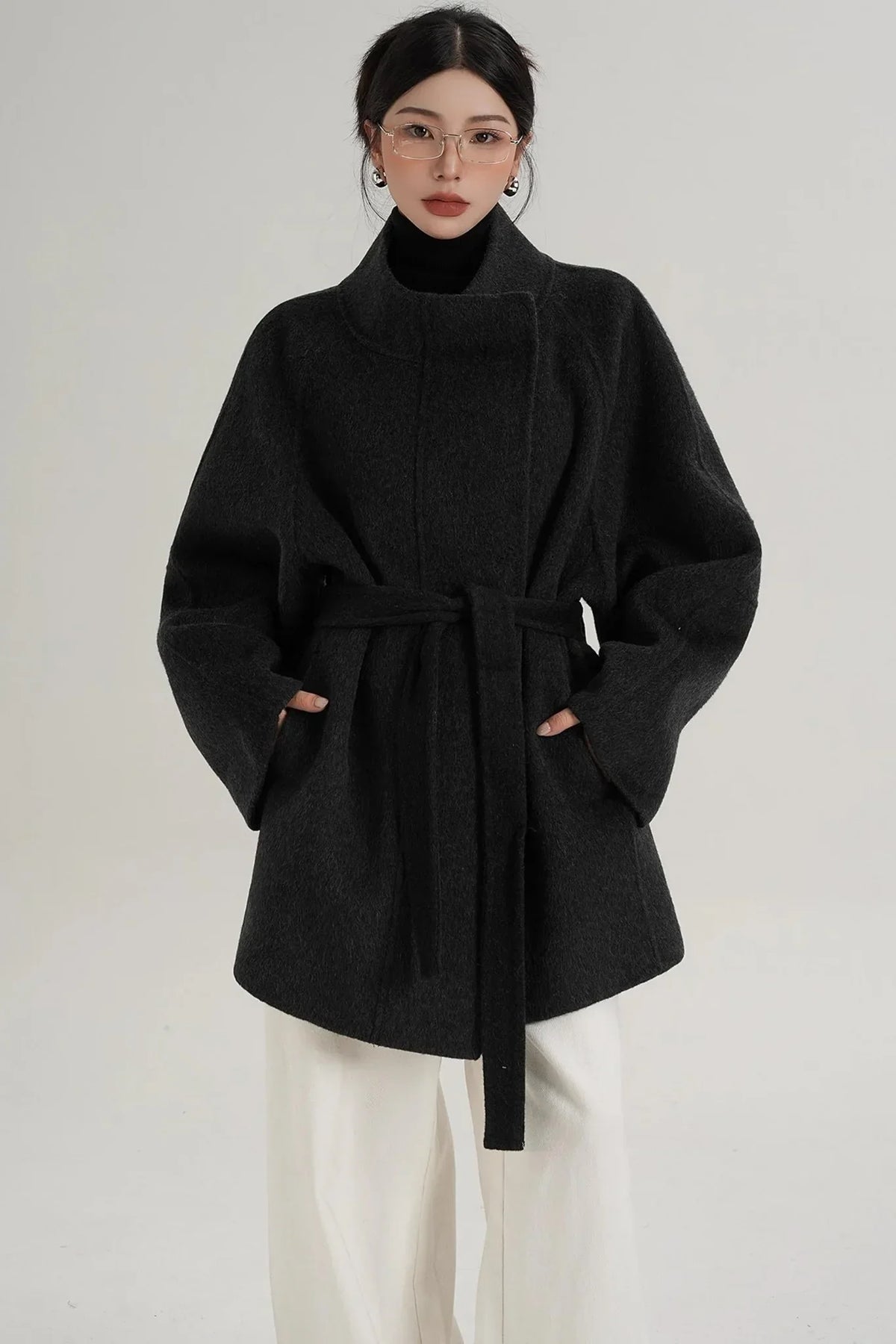 Elegant Woolen Lace-Up Coat