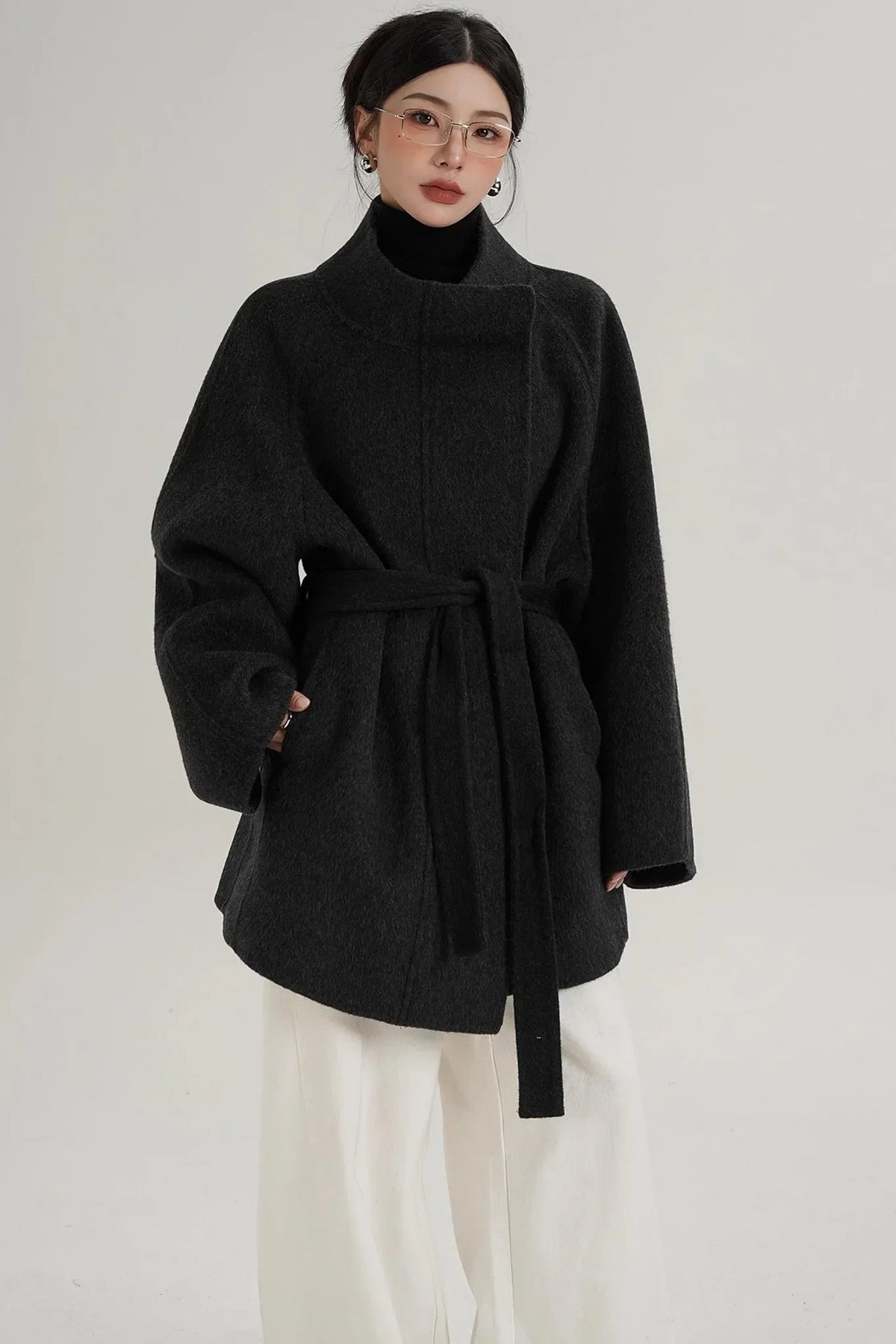 Elegant Woolen Lace-Up Coat