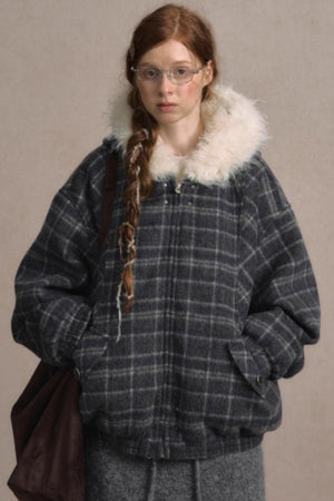 Elk Fur Collar Plaid Woolen Jacket