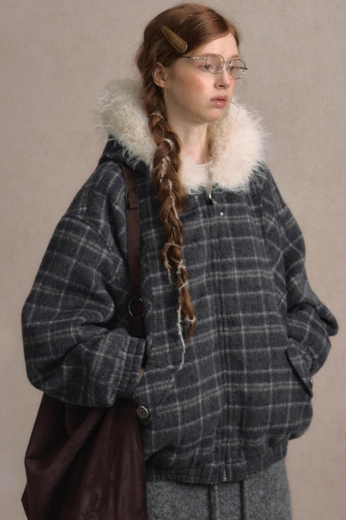 Elk Fur Collar Plaid Woolen Jacket