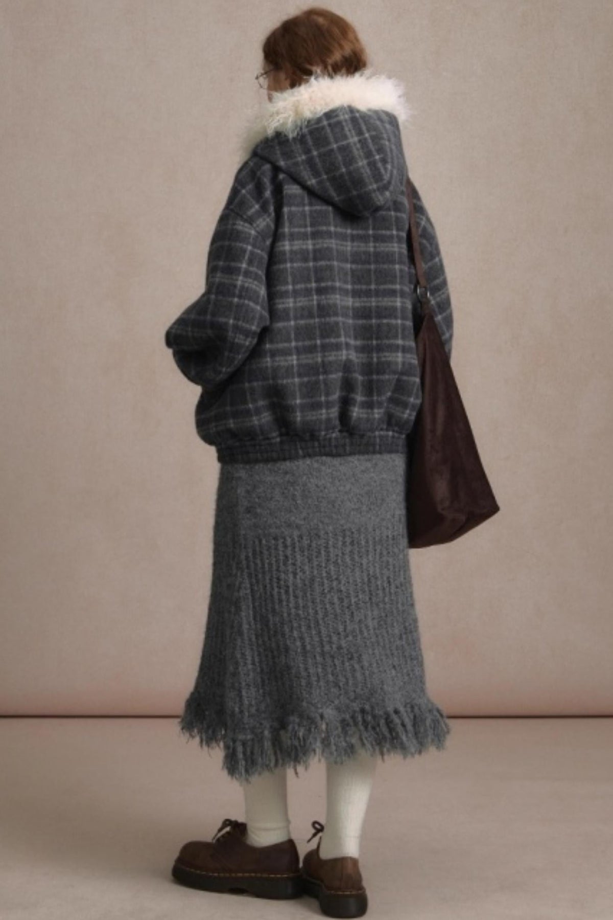 Elk Fur Collar Plaid Woolen Jacket