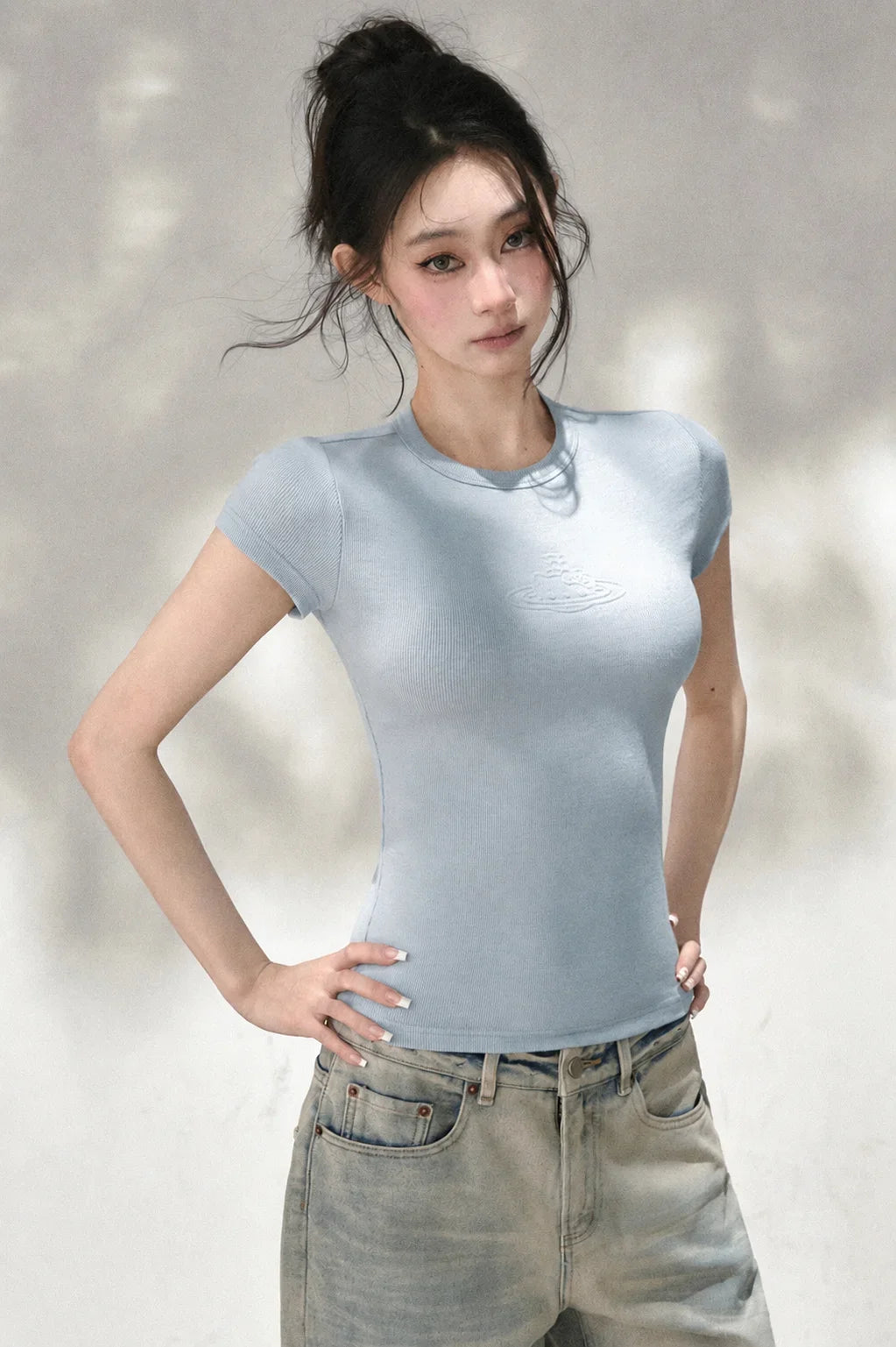 Embossed Cat Irregular Hem Bamboo Cotton T-Shirt