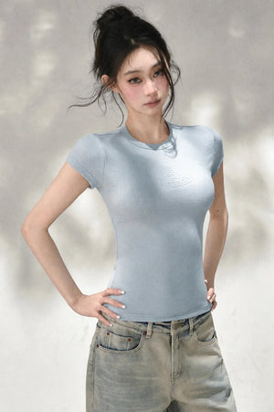 Embossed Cat Irregular Hem Bamboo Cotton T-Shirt