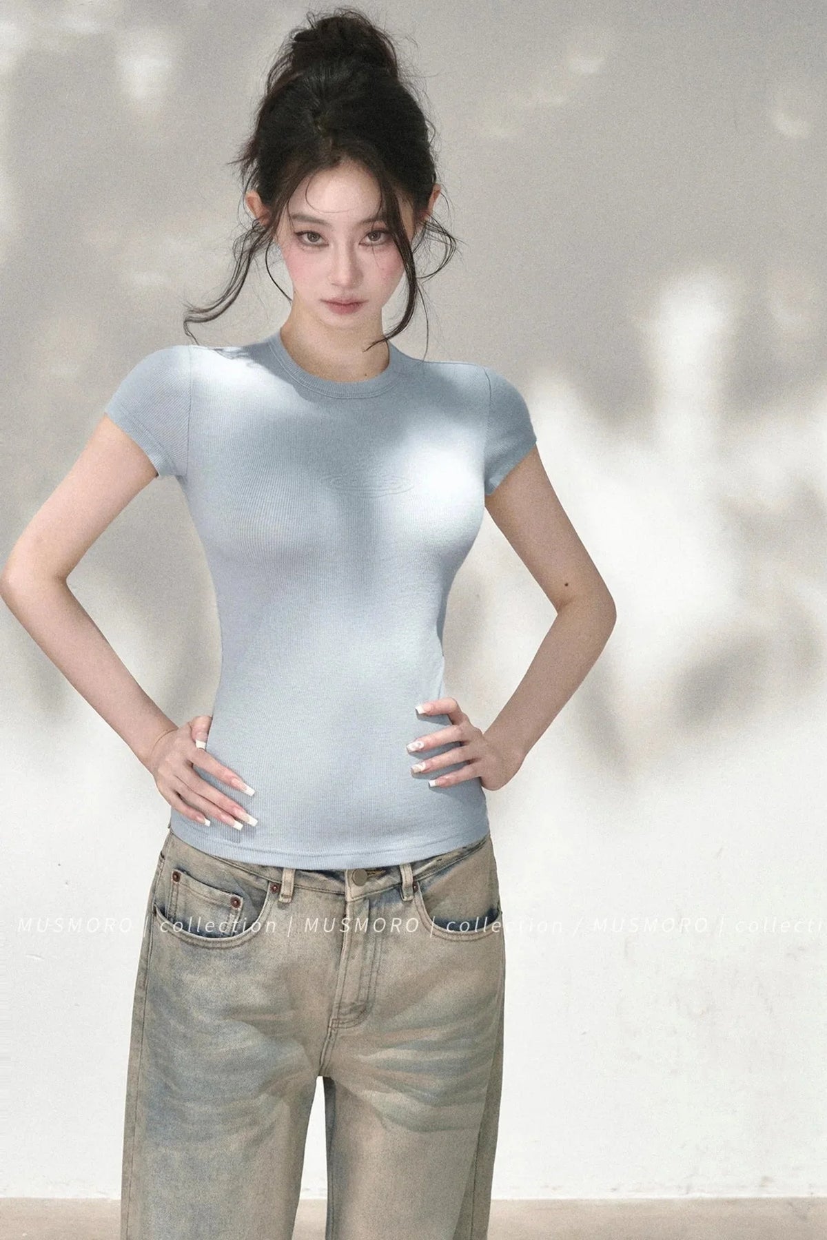 Embossed Cat Irregular Hem Bamboo Cotton T-Shirt